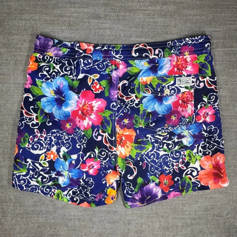 Polo Ralph Lauren Mens Floral Swim Trunks Blue Tropical Hibiscus Shorts Size M